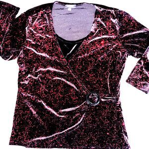 Elementz Top Women's XL Red Black 3/4 Sleeve Velvet Glitter Holiday Buckle